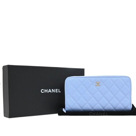 CHANEL Matelasse Long Zipper Wallet Grained Calfskin Leather Blue Italy - Picture 1 of 16